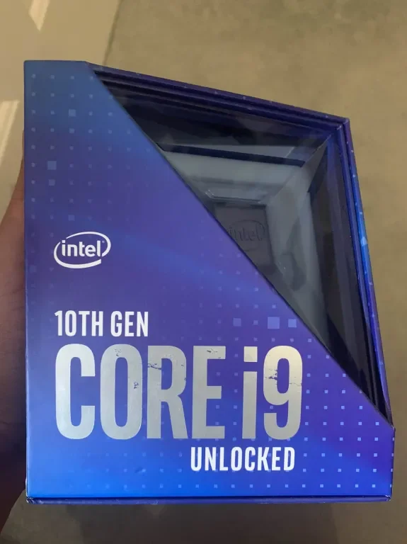 A blue 10th-generation Intel Core i9 processor box
